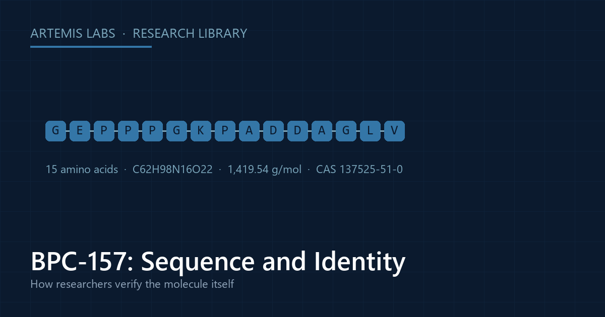 Diagram of the full 15-amino-acid BPC-157 sequence GEPPPGKPADDAGLV with molecular formula and CAS number