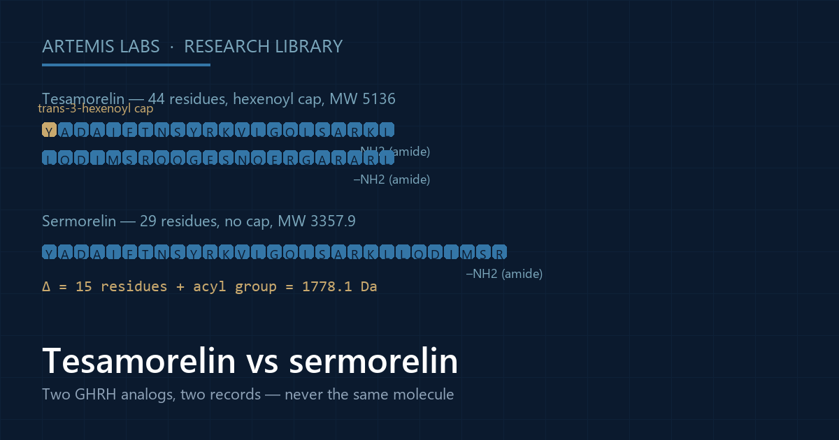 Diagram comparing the 44-residue capped tesamorelin chain with the 29-residue uncapped sermorelin chain, molecular weights 5136 and 3357.9